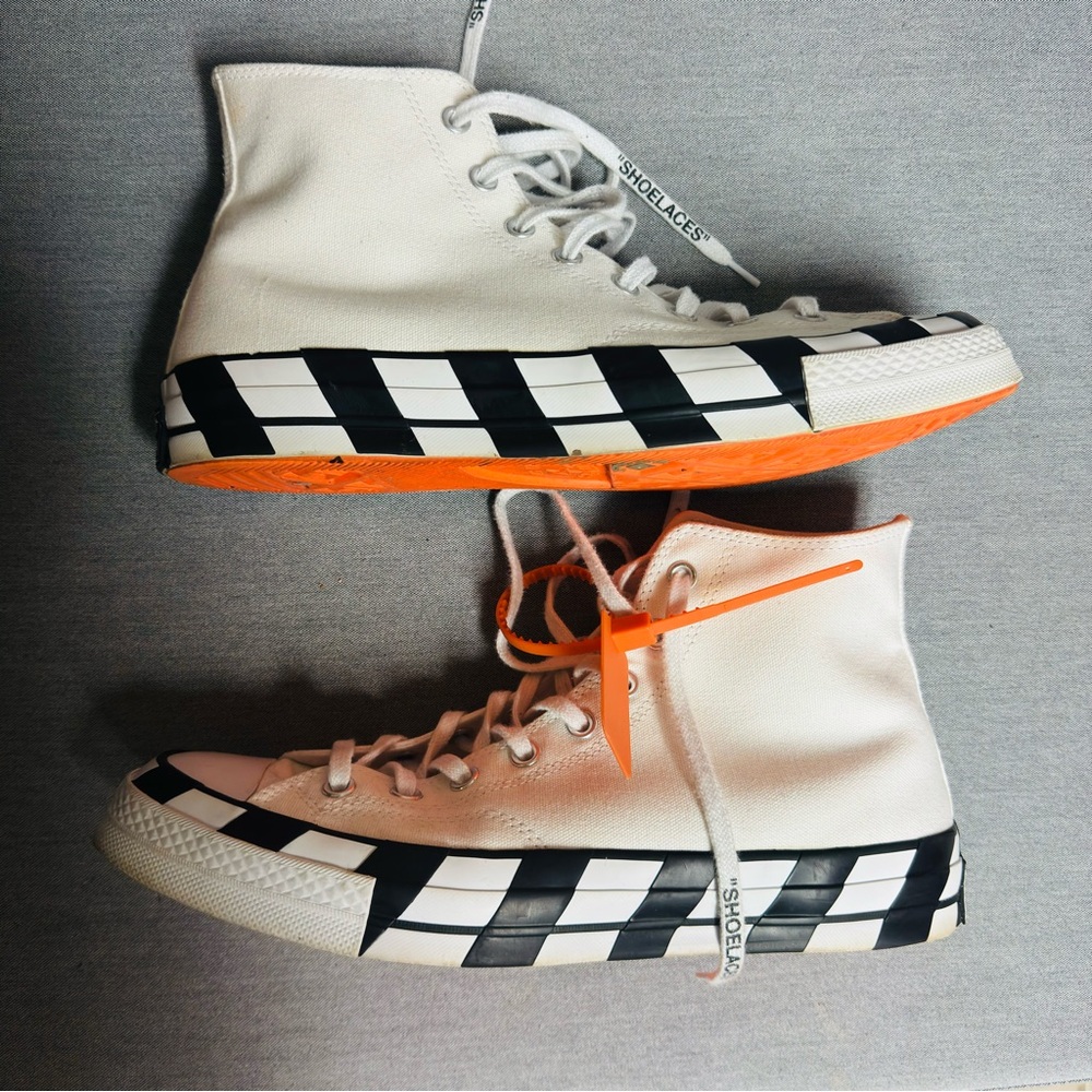 Converse Off-White High-Tops with Black Stripes and Orange Soles